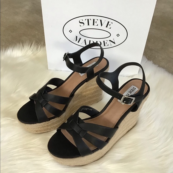 STEVE MADDEN Black Leather Espadrille Wedge Sandals - Picture 1 of 6